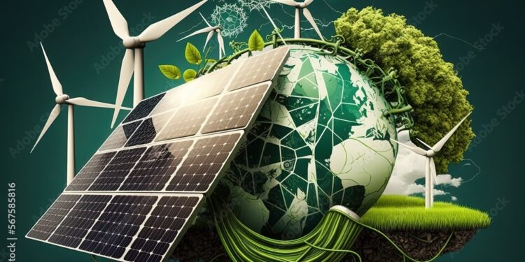 ภาพประกอบสต็อก Renewable energy background with green energy as wind ...